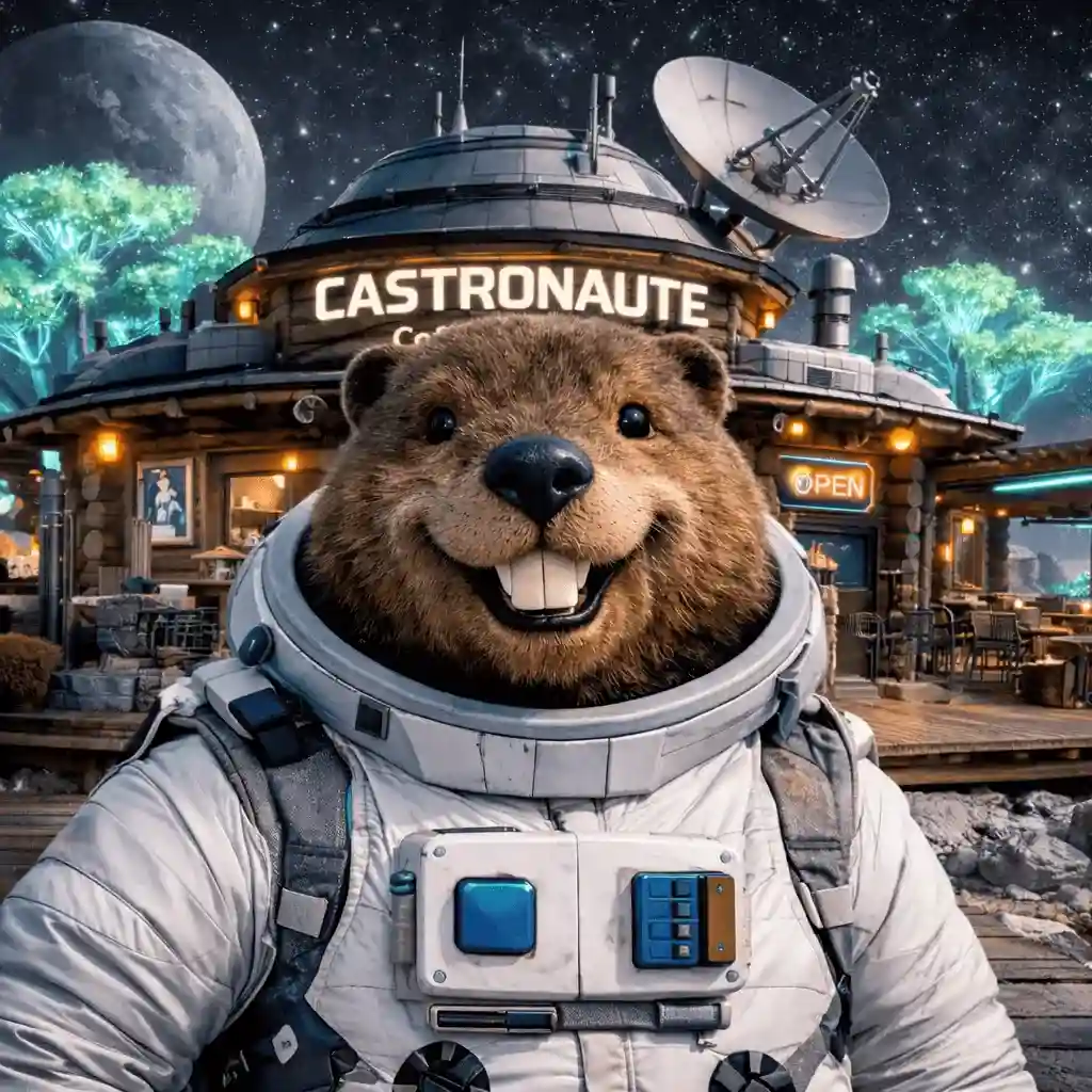 Castor astronaute souriant devant le Castronaute Coffee, en combinaison spatiale blanche, ambiance chaleureuse et café ouvert en arrière-plan