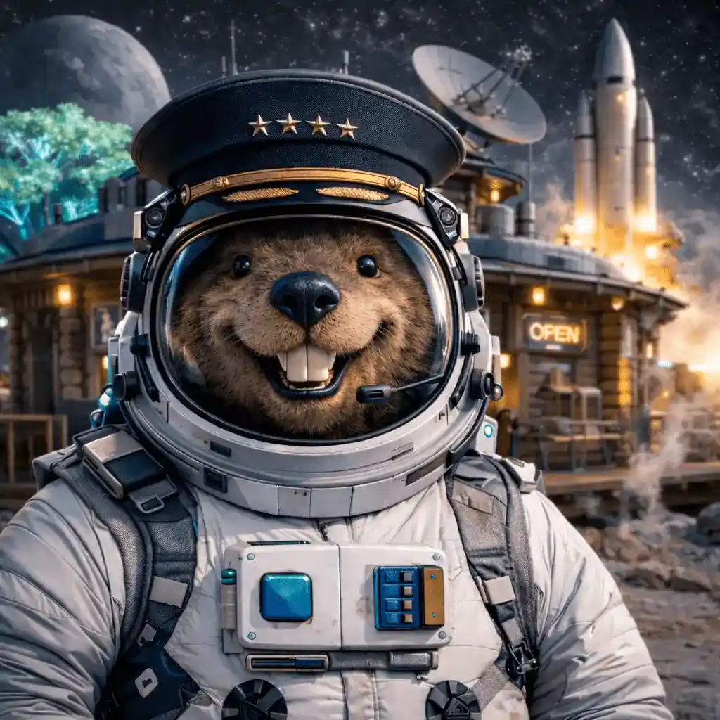 Castor astronaute en uniforme sombre avec casque et étoiles, devant le Castronaute Coffee éclairé sous un ciel nocturne étoilé