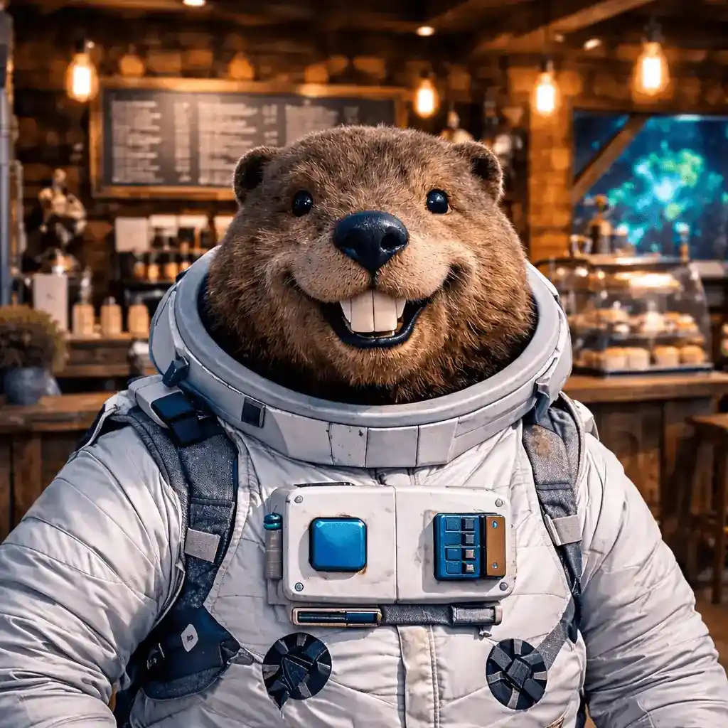 Castor astronaute souriant dans l’intérieur chaleureux du Castronaute Coffee, en combinaison spatiale claire devant le comptoir et les lampes suspendues