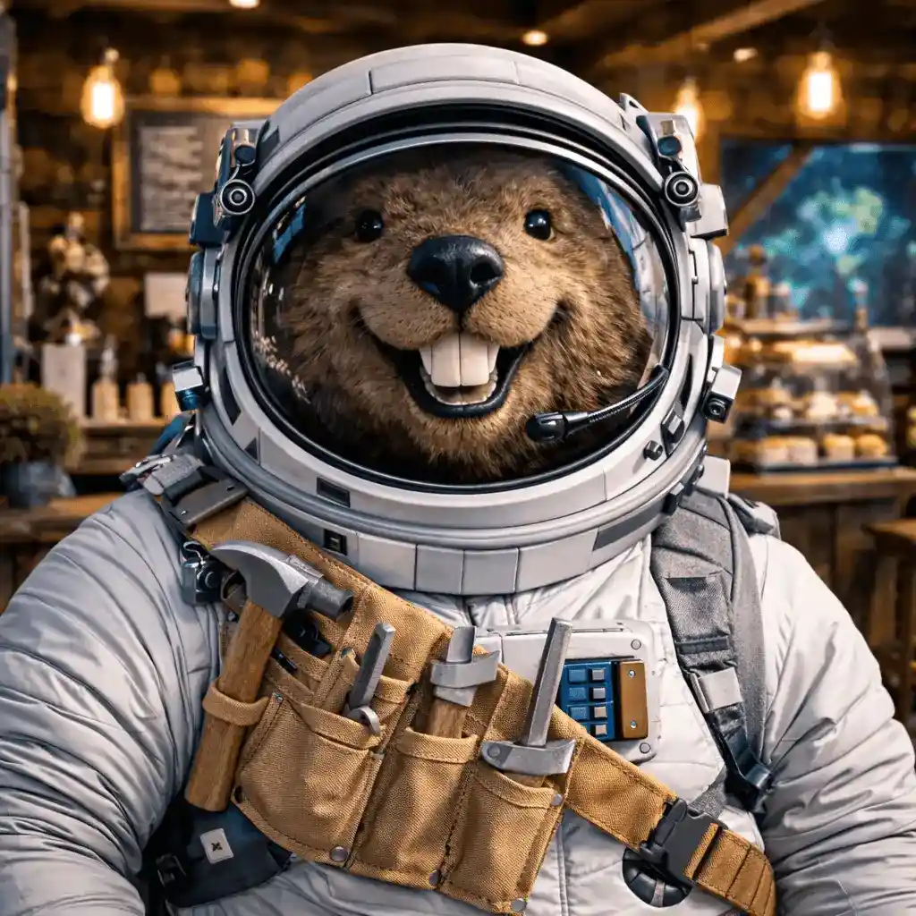 Castor astronaute souriant avec ceinture à outils et casque fermé, dans le Castronaute Coffee éclairé, prêt pour des opérations nocturnes
