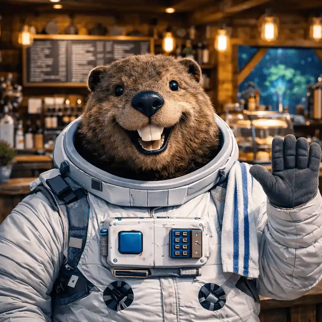 Castor astronaute souriant levant la main en signe de salut dans l’intérieur chaleureux du Castronaute Coffee