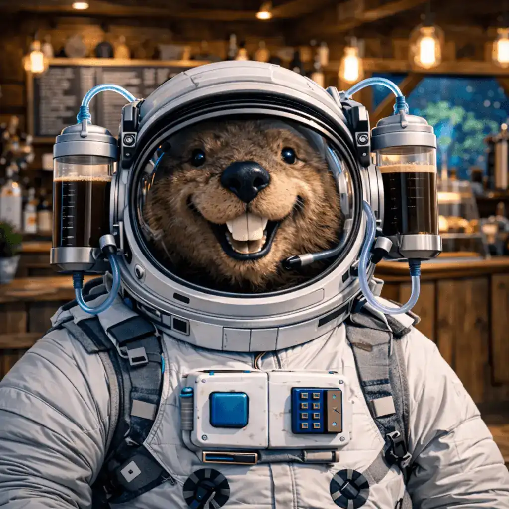 Castor astronaute souriant avec deux réservoirs de café fixés à son casque, dans l’intérieur chaleureux du Castronaute Coffee