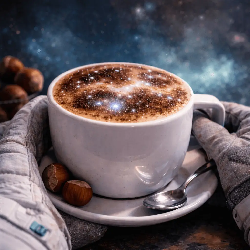 Tasse de café chaud posée sur une soucoupe, tenue par des gants d’astronaute, avec une mousse scintillante évoquant un ciel étoilé