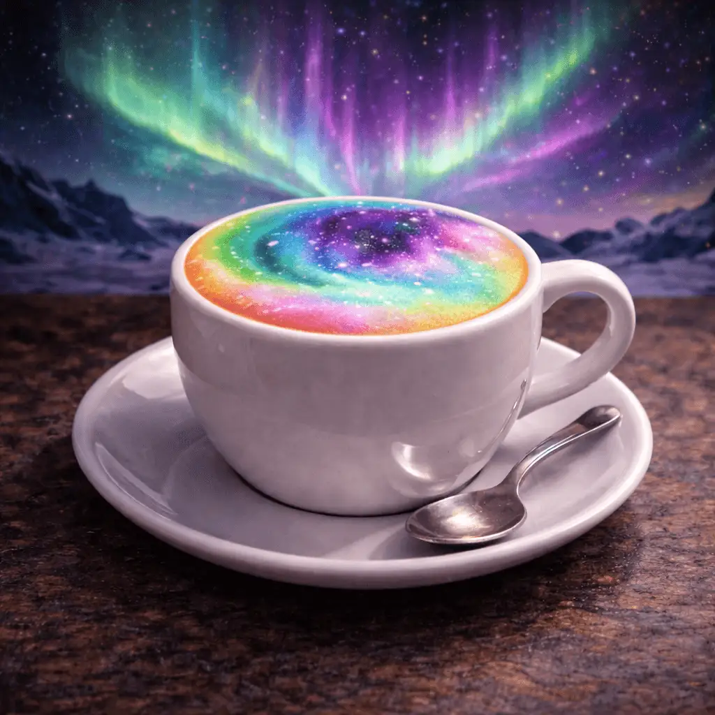 Tasse de café sur une soucoupe, avec une mousse multicolore en spirale évoquant une galaxie, sous un ciel étoilé aux aurores lumineuses