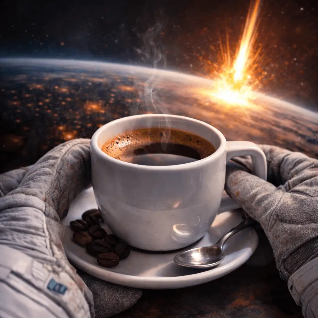 Tasse de café noir fumant sur une soucoupe, tenue par des gants d’astronaute, avec la Terre et une explosion lumineuse en arrière-plan