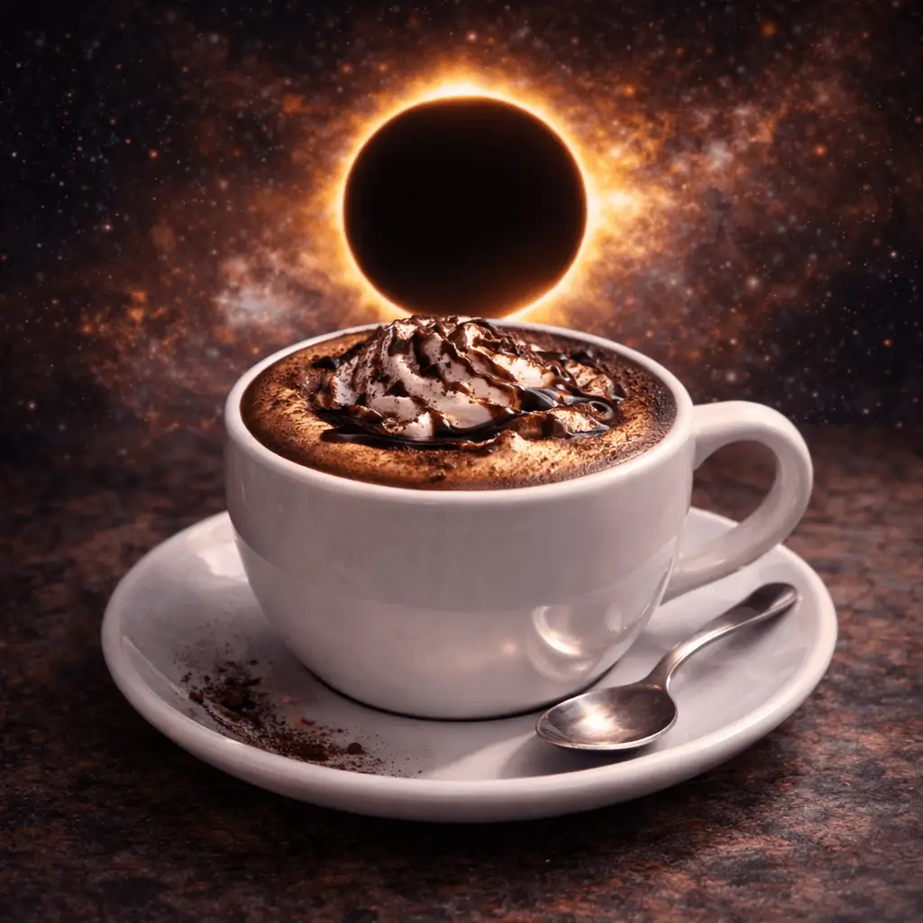 Tasse de cappuccino sur une soucoupe, garnie de crème et de cacao, avec une éclipse solaire lumineuse en arrière-plan