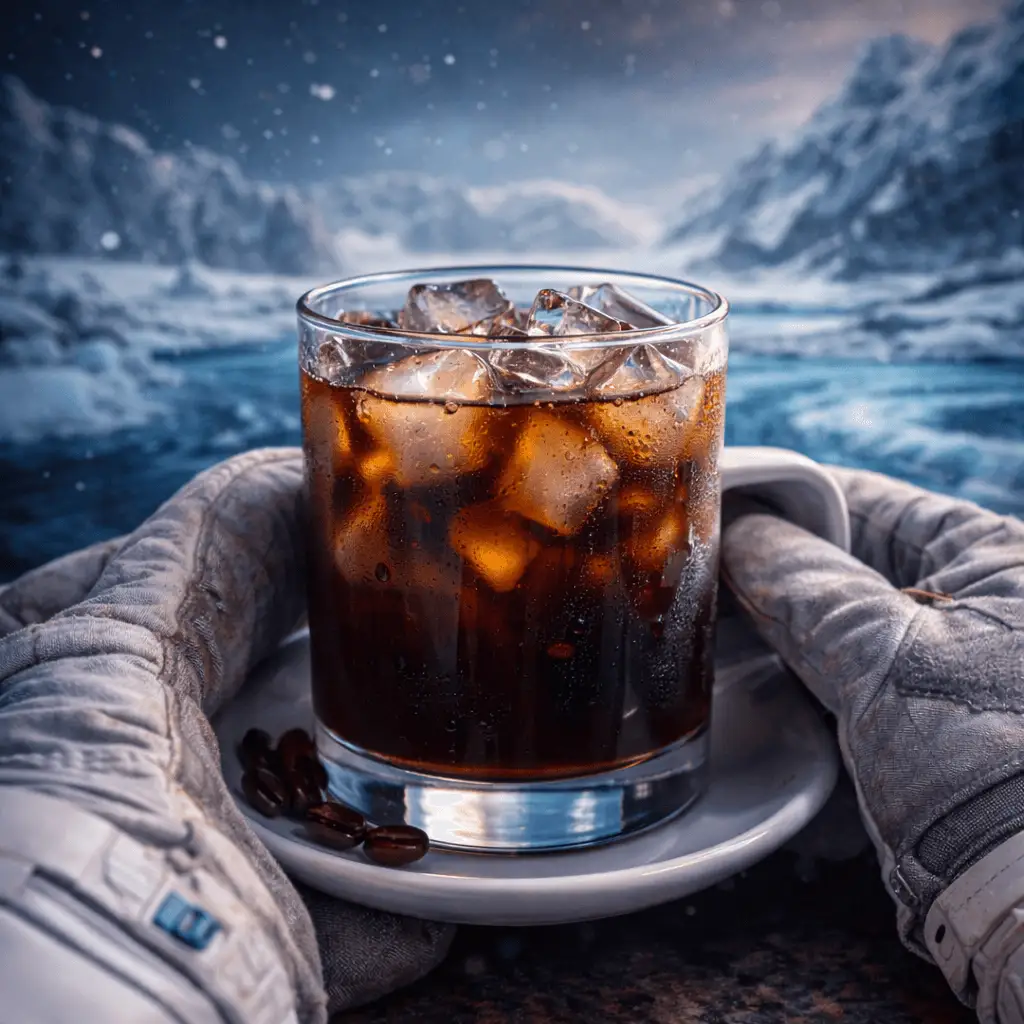 Verre de café glacé avec des glaçons sur une soucoupe, tenu par des gants d’astronaute, dans un paysage glacé