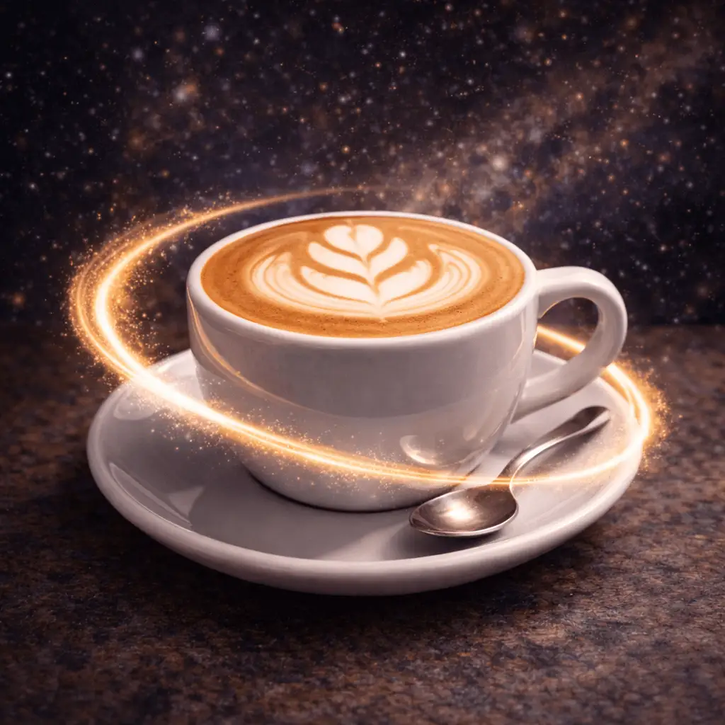 Tasse de café latte avec un motif en feuille sur la mousse, entourée d’un anneau lumineux doré évoquant une ambiance cosmique