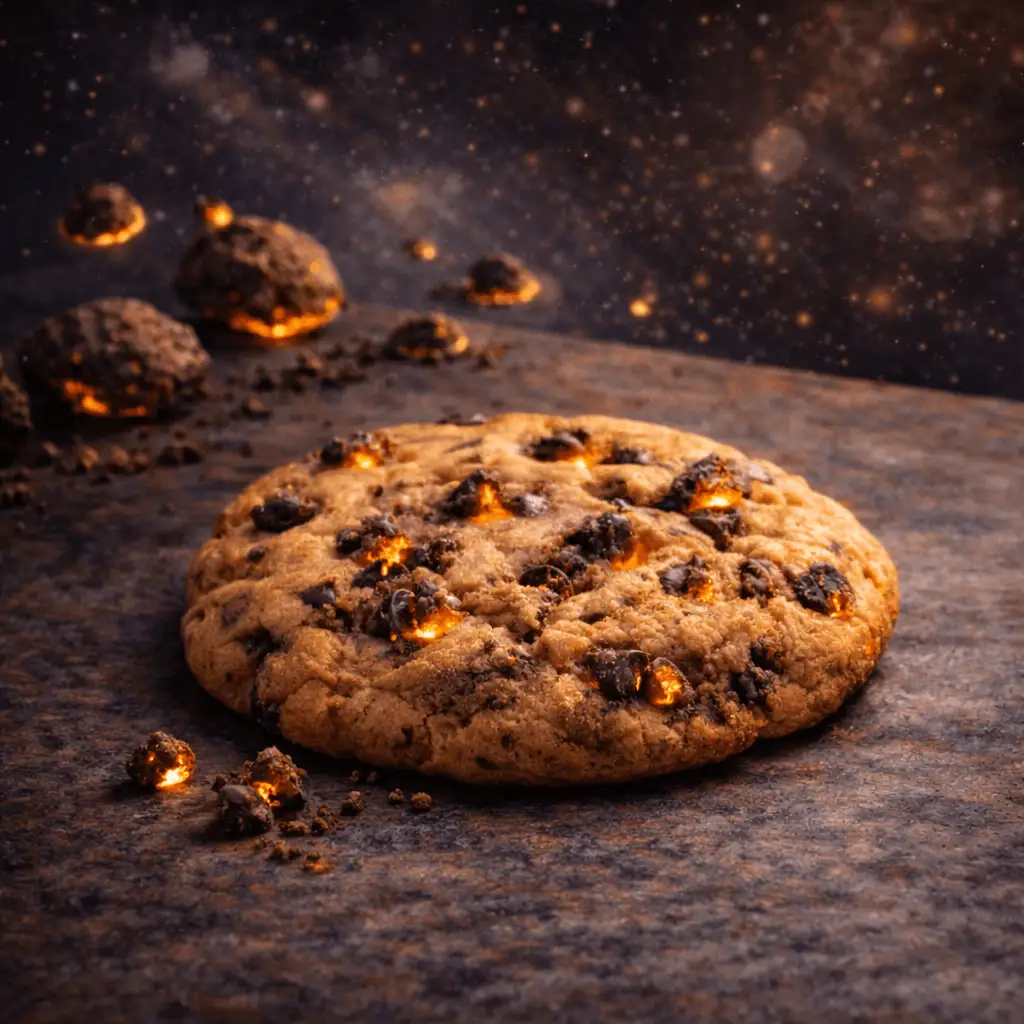 Cookie aux pépites de chocolat posé sur une surface sombre, avec des éclats lumineux évoquant des météorites