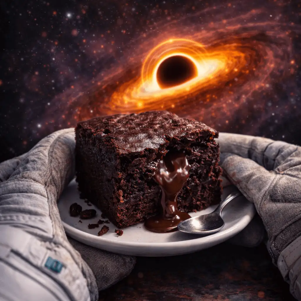 Brownie au chocolat au cœur fondant sur une soucoupe, avec un effet de trou noir lumineux en arrière-plan