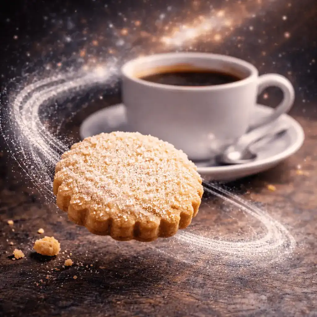 Biscuit sablé saupoudré de sucre devant une tasse de café, avec un effet de spirale lumineuse